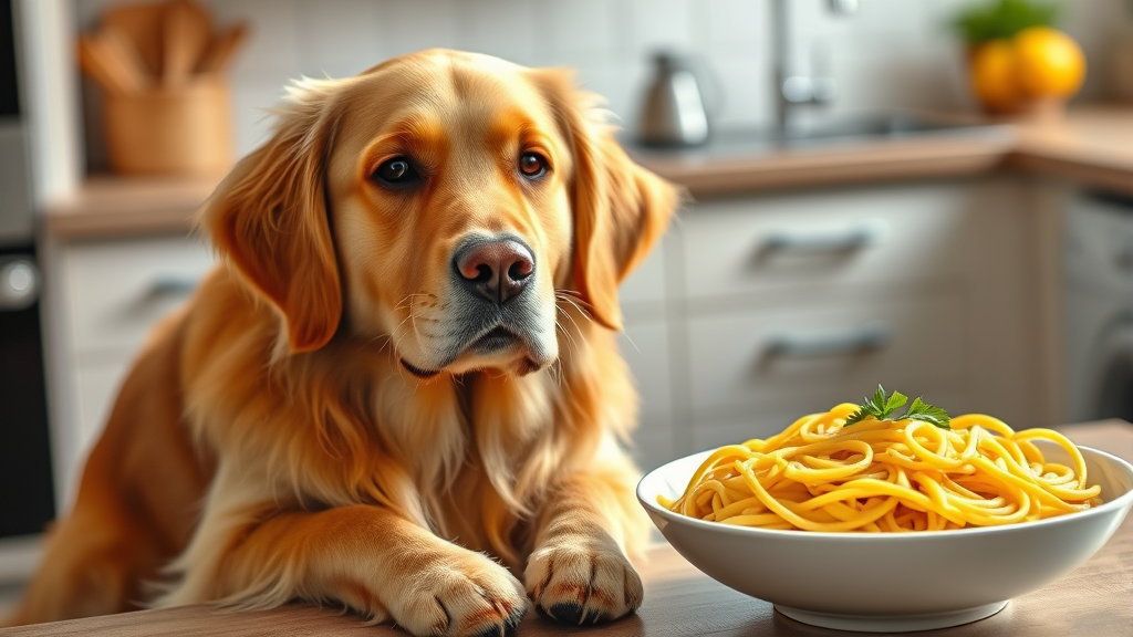 Golden retriever sitting beside bowl of plain cooked spaghetti noodles on kitchen counter no text no words no letters