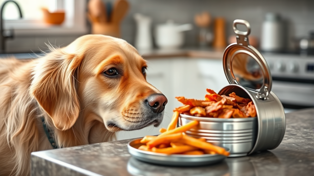 Golden retriever looking curiously at opened can of processed meat on kitchen counter, no text, no words, no letters