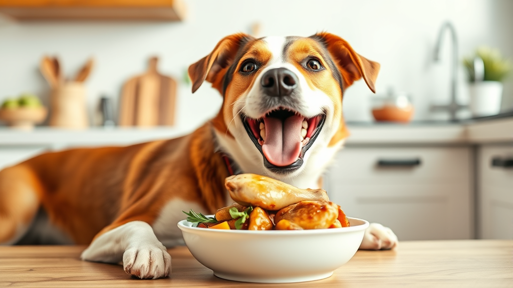 Happy dog eating healthy fresh cooked chicken from bowl in bright kitchen, no text, no words, no letters