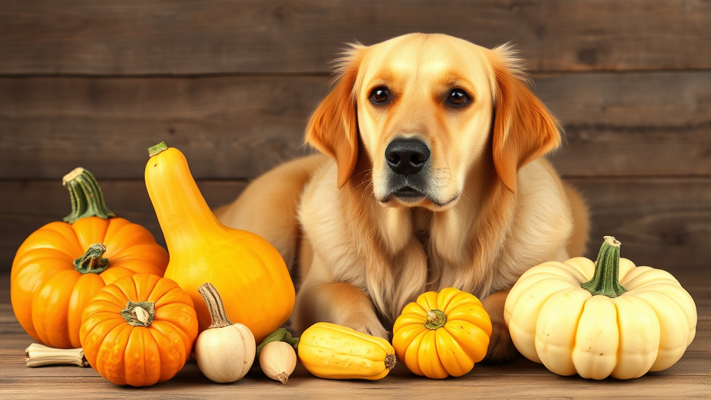 Golden retriever sitting beside colorful assorted squash varieties butternut acorn yellow summer squash on wooden table no text no words no letters