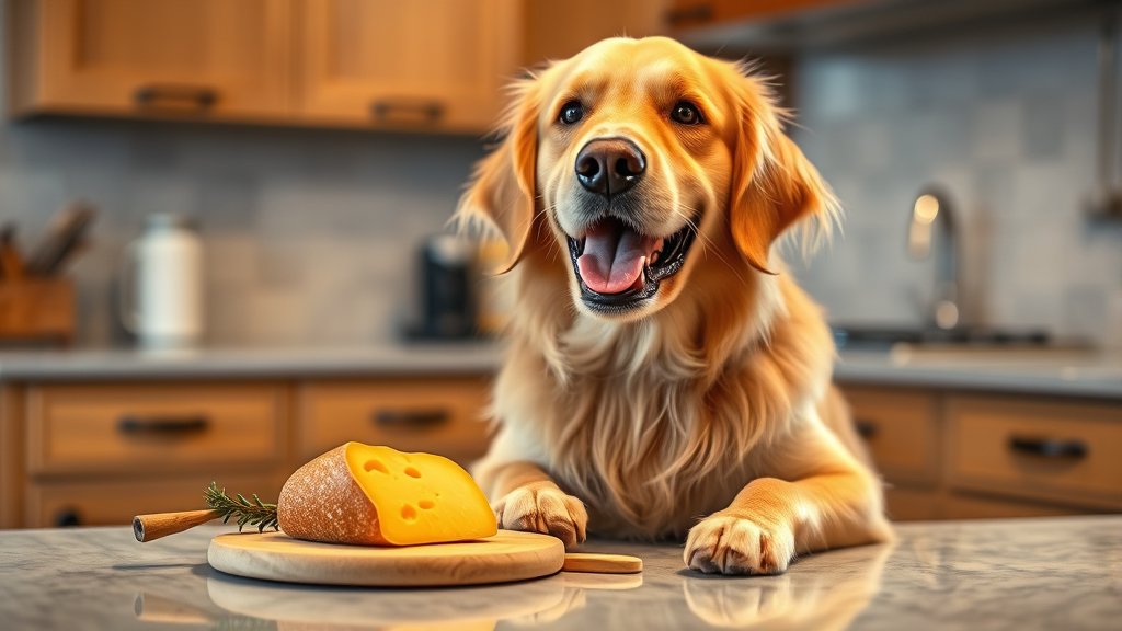 Happy golden retriever dog sitting next to string cheese stick on kitchen counter, warm lighting, no text no words no letters