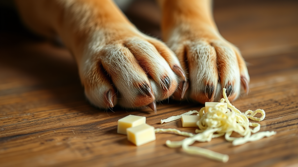 Close up of dog paws near small pieces of white string cheese on wooden surface, natural lighting, no text no words no letters