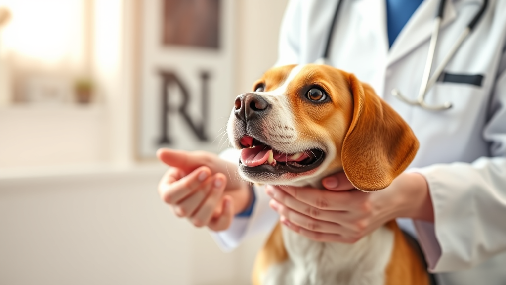 Veterinarian hands examining friendly beagle dog in bright clinic examination room, professional setting, no text no words no letters