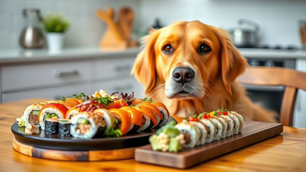 Golden retriever looking curiously at colorful sushi platter on wooden table, bright kitchen background, no text no words no letters
