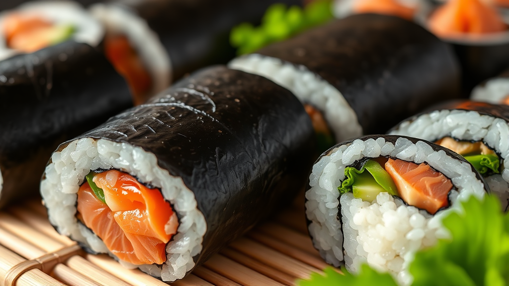 Close up of various sushi rolls with salmon and vegetables on bamboo mat, natural lighting, no text no words no letters