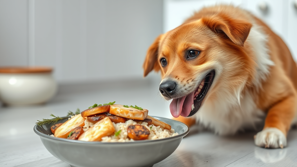 Happy dog eating from bowl of cooked fish and rice, clean kitchen setting, healthy pet food, no text no words no letters