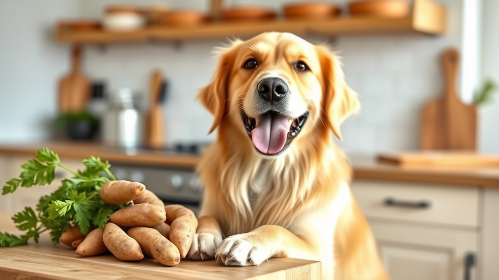Happy golden retriever dog with fresh sweet potatoes on wooden kitchen counter, natural lighting, no text no words no letters