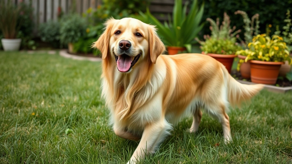 Happy healthy golden retriever in grassy backyard, safe dog environment with garden herbs in background