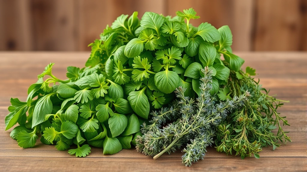 Variety of safe dog-friendly herbs arranged on table including parsley basil and thyme, natural arrangement