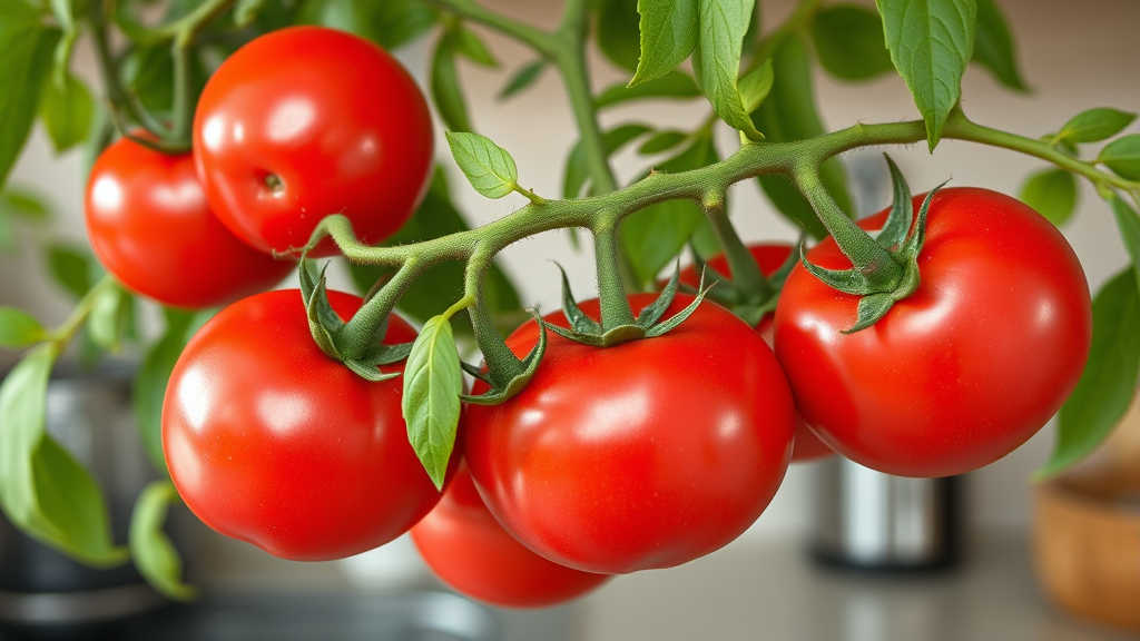 Fresh ripe red tomatoes on vine with green leaves, natural lighting, kitchen counter background, no text no words no letters