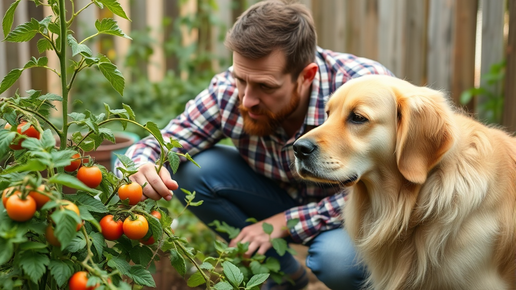 Concerned dog owner examining tomato plants in garden with curious golden retriever nearby, no text no words no letters