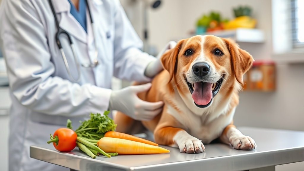 Veterinarian examining healthy happy dog in clinic setting with fresh vegetables on examination table, no text no words no letters