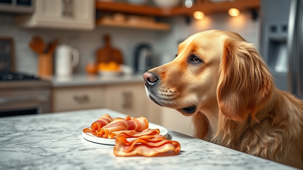 Golden retriever looking at turkey bacon strips on kitchen counter, warm lighting, no text no words no letters