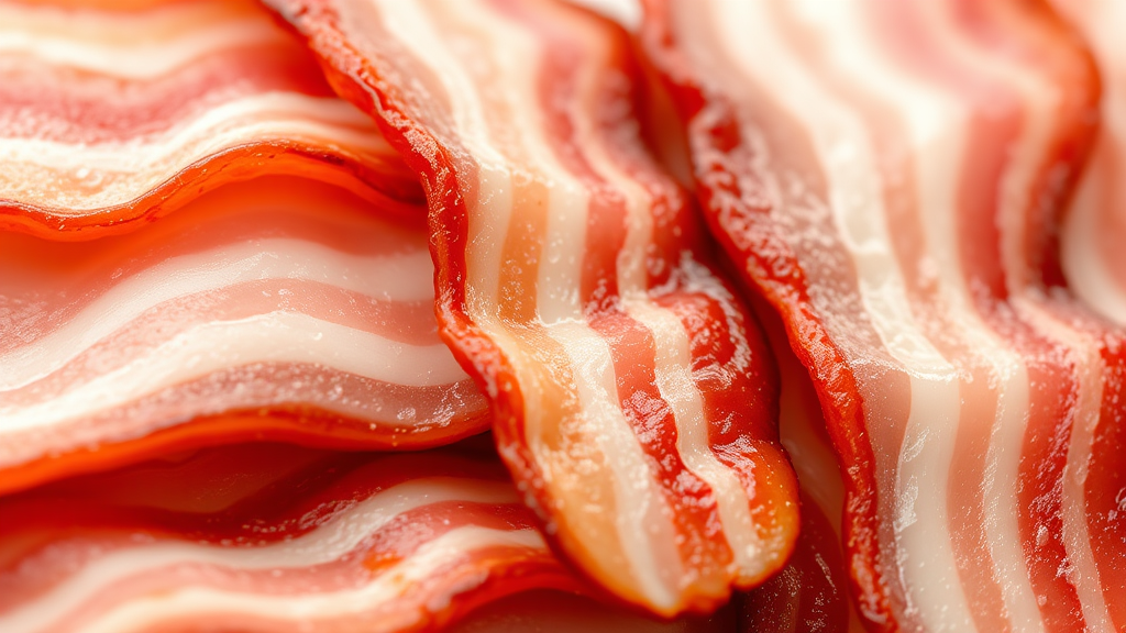 Close up of turkey bacon slices showing texture and fat content, natural lighting, no text no words no letters