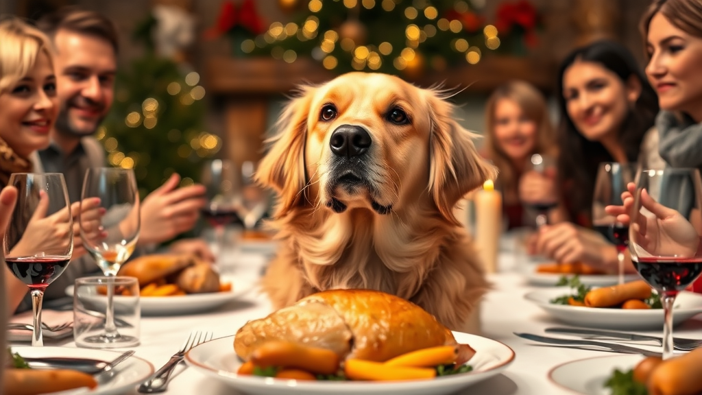 Golden retriever looking longingly at holiday turkey dinner table with family gathered around, warm lighting, no text no words no letters