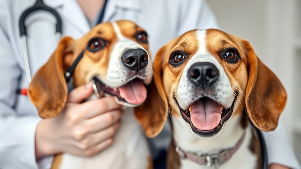 Close-up of a veterinarian holding a stethoscope next to a cheerful beagle's side, suggesting a health check during a professional consultation visit