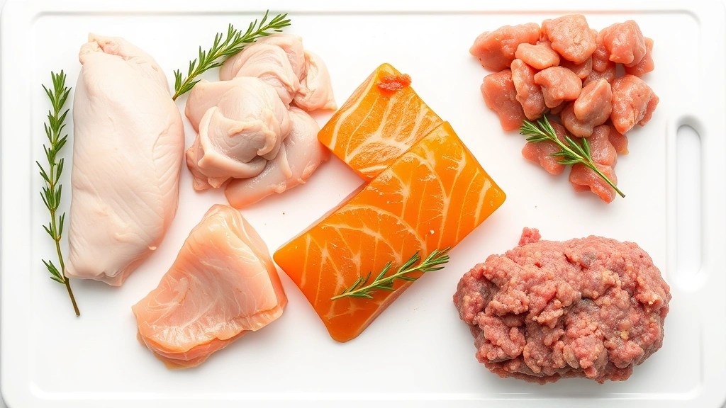 Overhead flat lay arrangement of various dog-safe proteins including plain cooked turkey breast, chicken fillet, salmon, and lean ground beef on a white cutting board