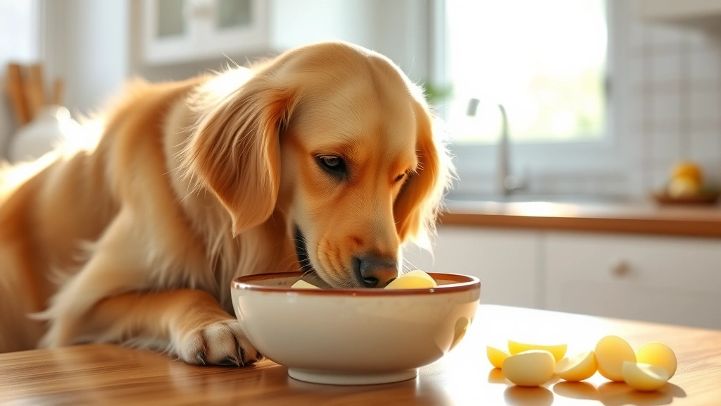 Golden retriever happily eating fresh turnip pieces from a ceramic bowl on a bright kitchen counter, sunlight streaming through window