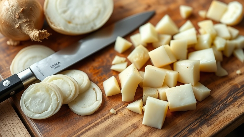 Close-up of sliced raw turnips and cooked turnip pieces on a wooden cutting board with a sharp knife, rustic kitchen setting