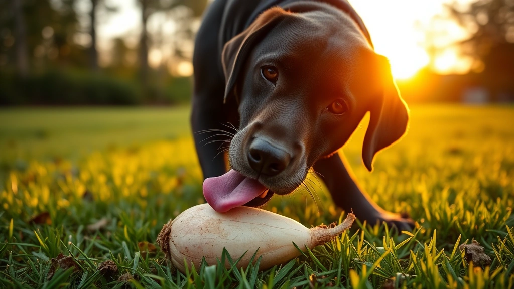 Large Labrador dog with tongue out examining a whole raw turnip on green grass outdoors during golden hour sunset