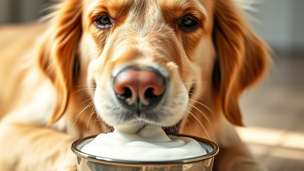 Golden retriever happily eating plain yogurt from a bowl, close-up of the dog's face showing enjoyment, natural lighting, dog-focused composition