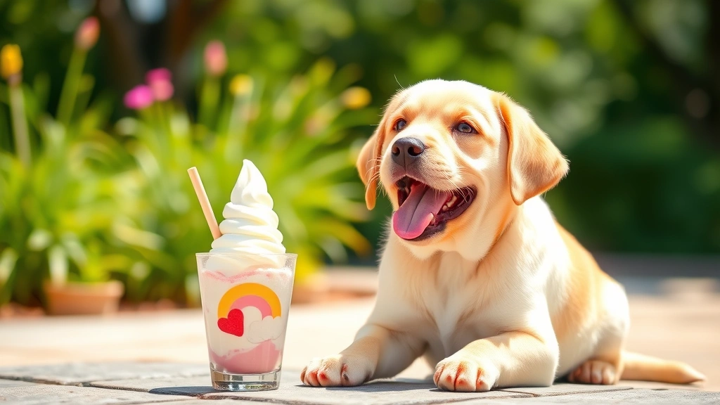 Happy labrador puppy sitting outdoors looking at a frozen yogurt treat or popsicle, summer setting, bright natural daylight, playful dog expression