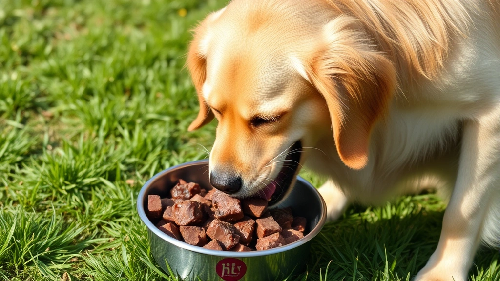 Golden retriever happily eating from a stainless steel bowl containing cooked venison meat, outdoors in natural sunlight with green grass background