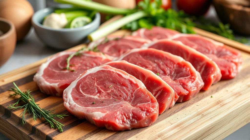 Fresh raw venison steaks on a wooden cutting board with herbs and vegetables, showing premium quality game meat in a kitchen setting