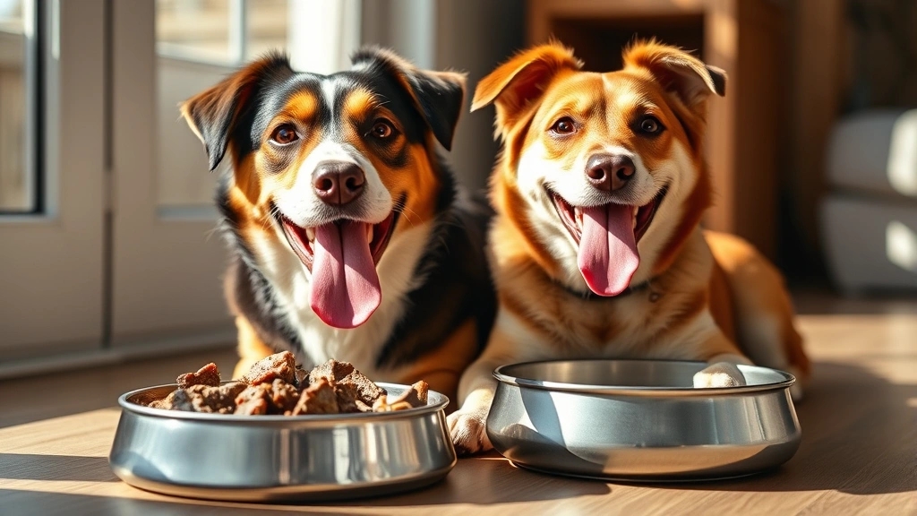 Happy medium-sized mixed breed dog with tongue out, sitting beside a bowl of prepared venison dog food, bright natural daylight from window