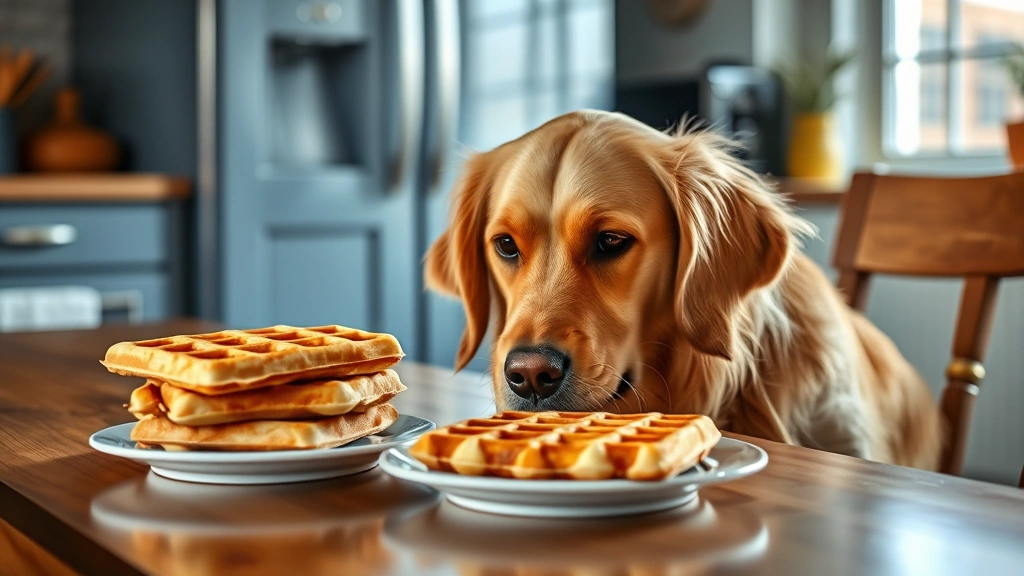 Golden retriever looking at a plate of waffles on a kitchen table, curious expression, natural lighting