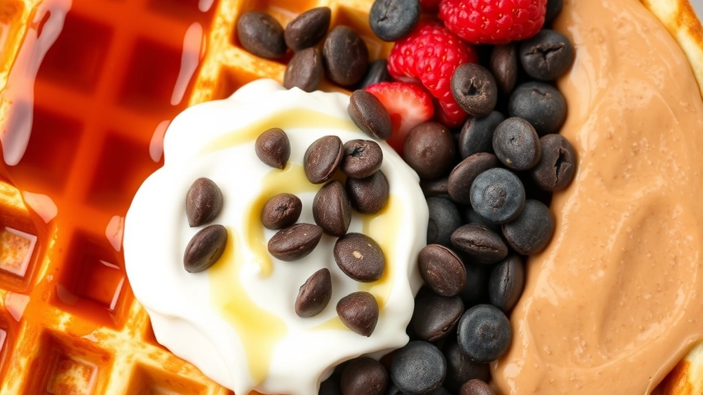 Close-up of various waffle toppings arranged separately: maple syrup, whipped cream, chocolate chips, berries, peanut butter
