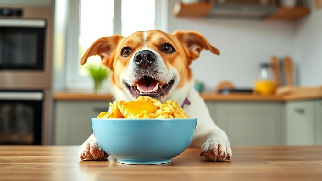 Happy dog eating scrambled eggs and sweet potato from a bowl, bright kitchen background, healthy meal