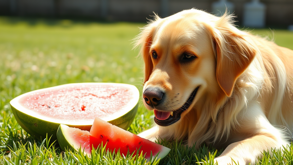 Golden retriever sitting next to fresh watermelon slices on grass, bright summer setting, no text no words no letters