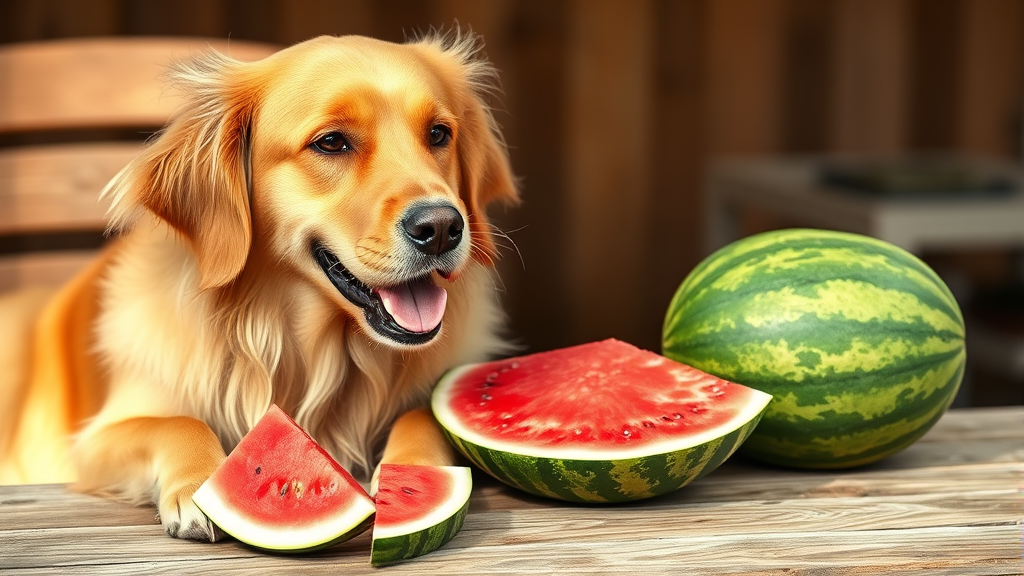 Golden retriever dog sitting next to fresh watermelon slices on wooden table, summer setting, no text no words no letters