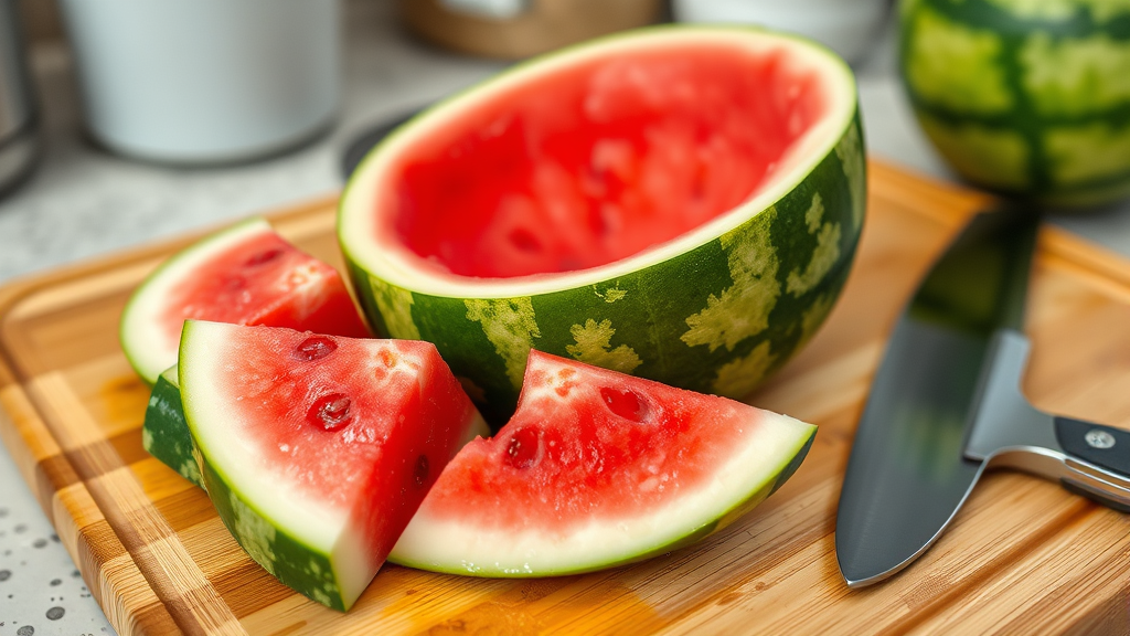 Close up watermelon rind pieces on wooden cutting board with knife, kitchen setting, no text no words no letters
