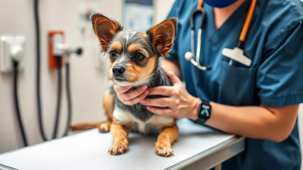 Veterinarian examining small dog on examination table, medical equipment visible, professional setting, no text no words no letters