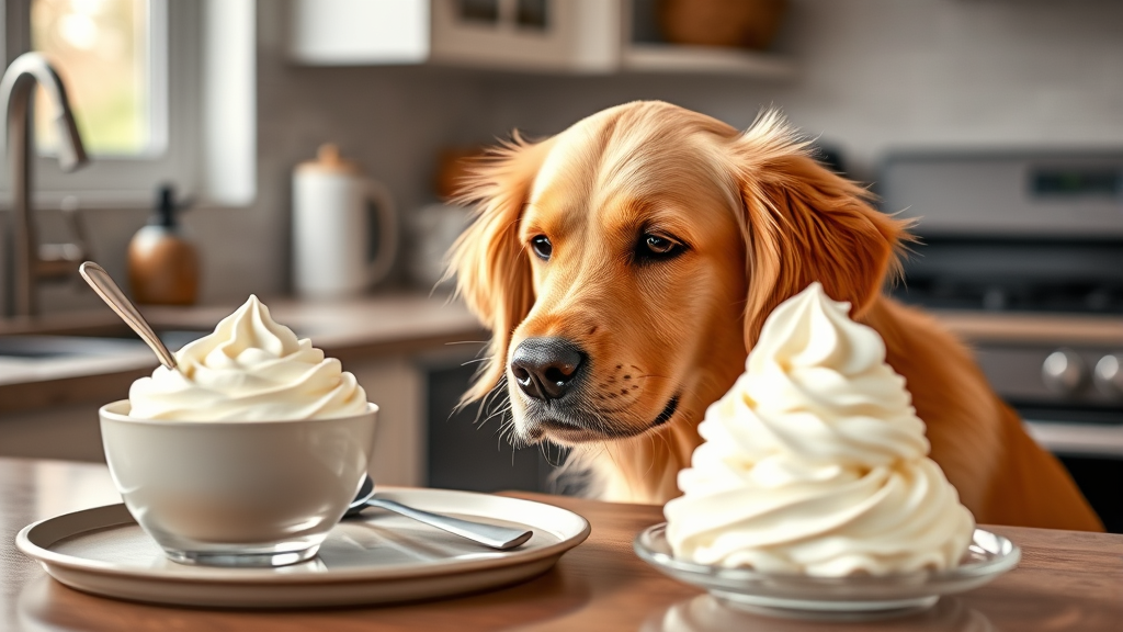 Golden retriever looking curiously at whipped cream dessert on kitchen counter, warm lighting, cozy home setting, no text no words no letters