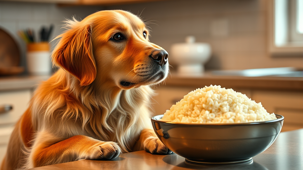 Golden retriever sitting next to bowl of cooked white rice on kitchen counter, warm lighting, no text no words no letters