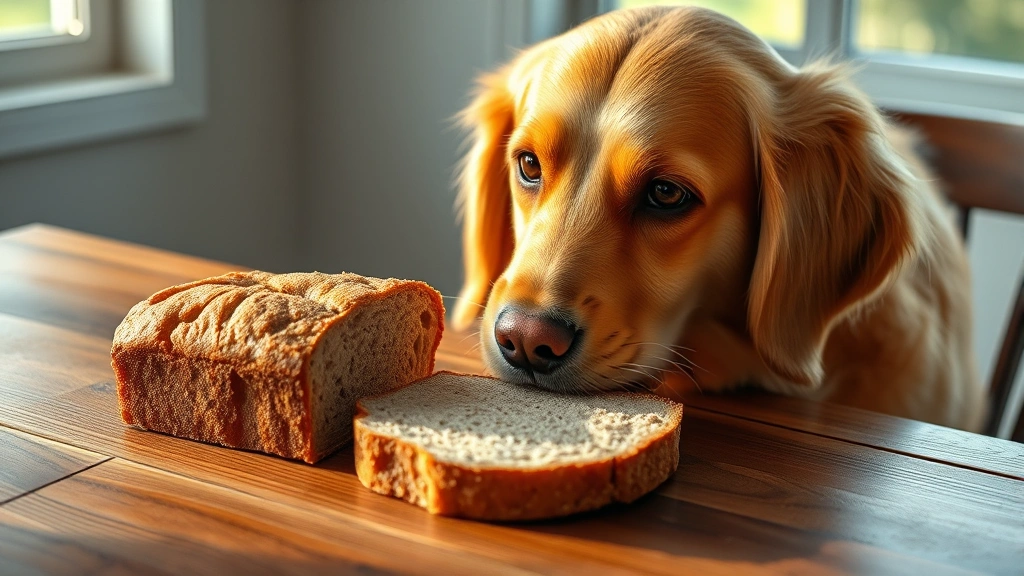 Golden retriever sniffing a slice of whole wheat bread on wooden table, natural lighting