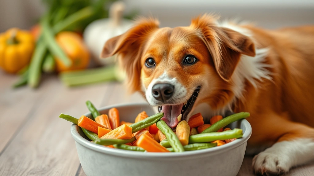 Happy dog enjoying healthy vegetable treats like carrots and green beans in bowl