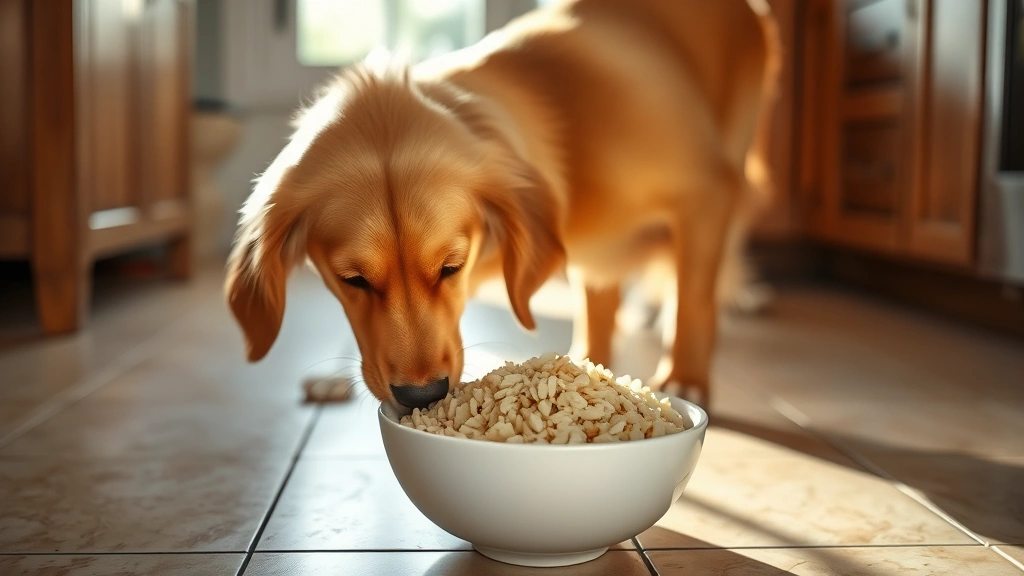 Golden retriever eagerly sniffing at a white bowl filled with fluffy cooked wild rice on a kitchen tile floor, natural window lighting