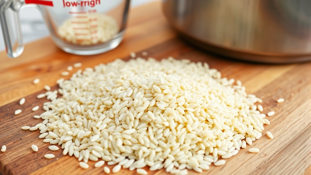 Close-up of raw wild rice grains scattered on a wooden cutting board next to a measuring cup and stainless steel pot