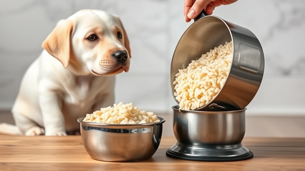 Labrador puppy sitting attentively watching a human hand pouring cooked wild rice from a pot into a stainless steel dog bowl