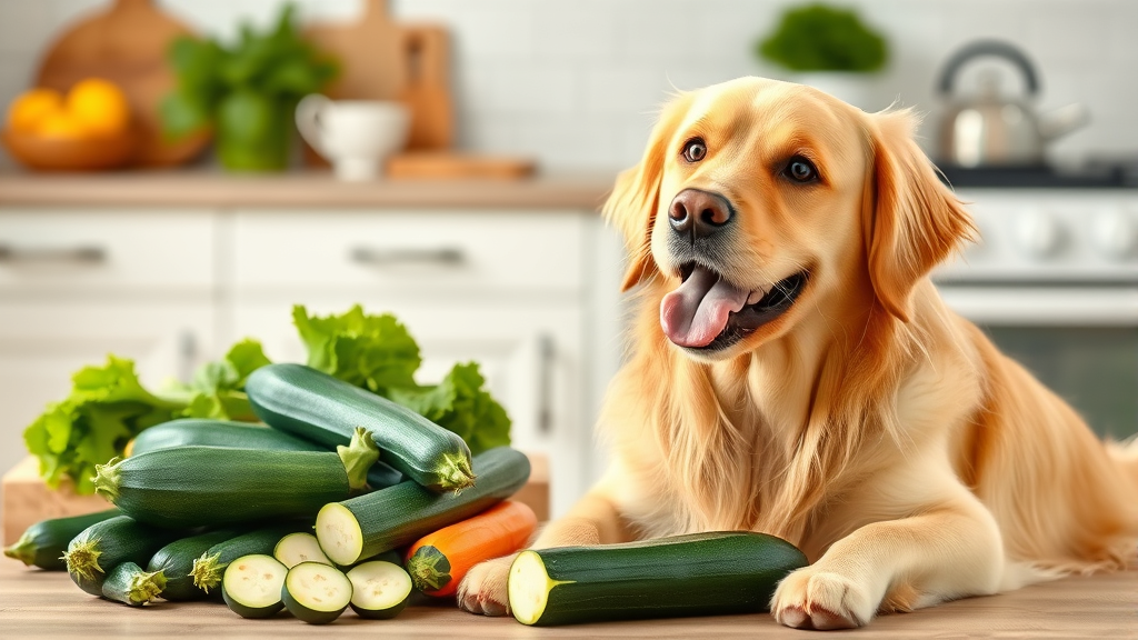Happy golden retriever sitting next to fresh zucchini vegetables in bright kitchen setting, no text, no words, no letters