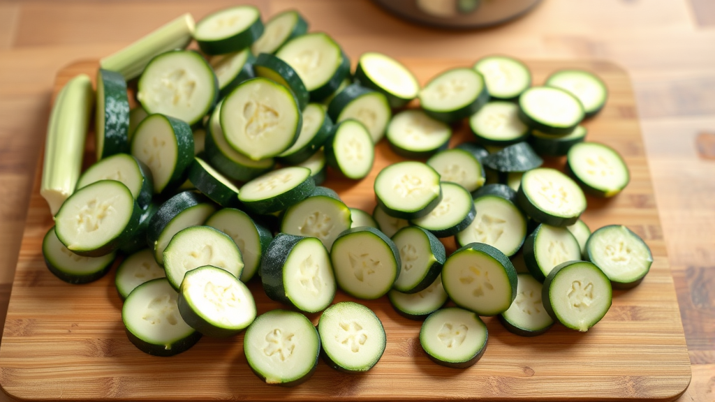 Sliced zucchini pieces arranged on cutting board with dog bowl nearby, natural lighting, no text, no words, no letters