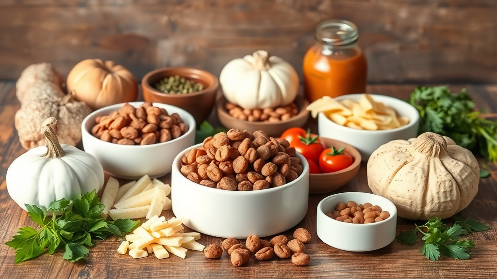 Various healthy dog food ingredients arranged on wooden table no text no words no letters