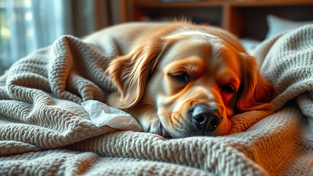 Sick golden retriever dog resting on cozy blanket with tissue nearby, warm indoor lighting, no text no words no letters
