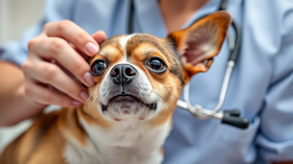 Veterinarian examining small dog nose and throat with stethoscope in clinic, professional medical setting, no text no words no letters