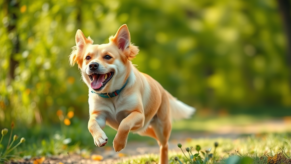 Happy healthy dog running outdoors in fresh air, vibrant natural setting, prevention wellness concept, no text no words no letters
