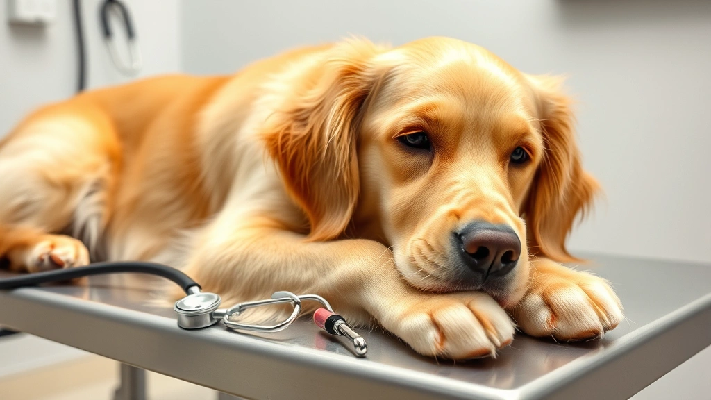 Golden Retriever lying on veterinary examination table with stethoscope nearby, looking calm and healthy during routine checkup
